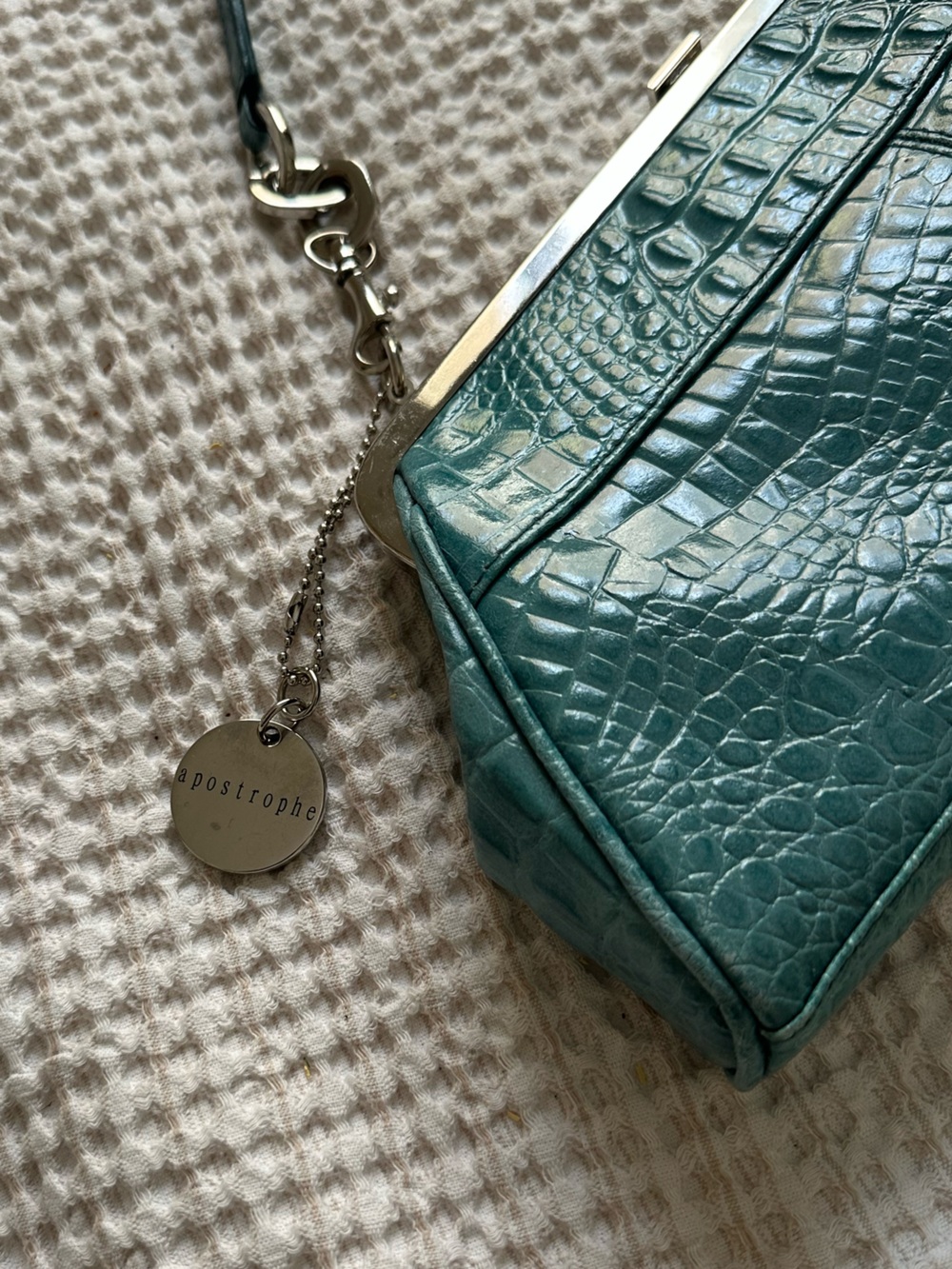 Teal Crocodile Top-Handle Silver Accent Shoulder Bag - Genuine Leather - Picture 7 of 8